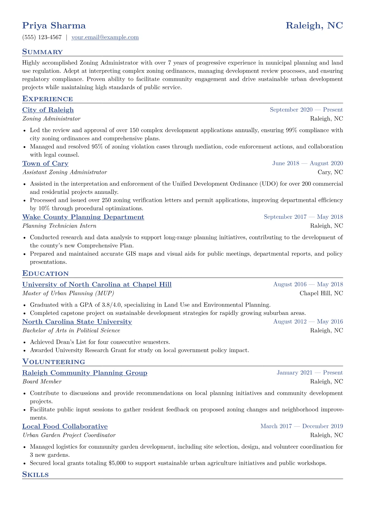 Zoning Administrator Resume Example CV template - Page 1