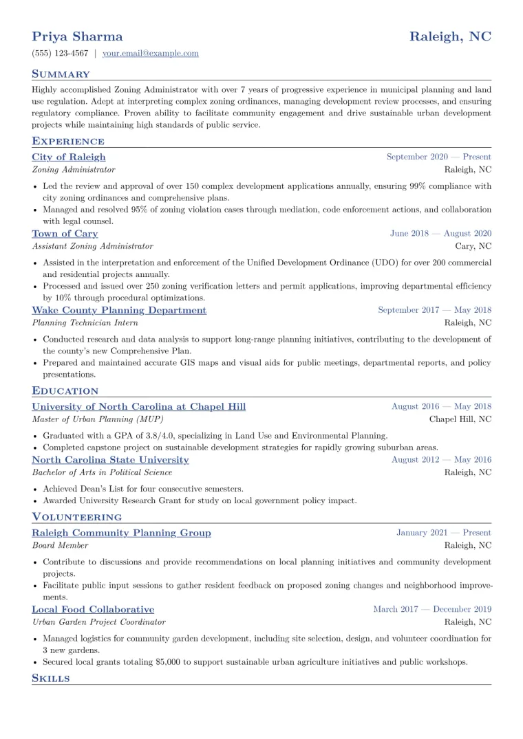 Zoning Administrator Resume Example CV template preview
