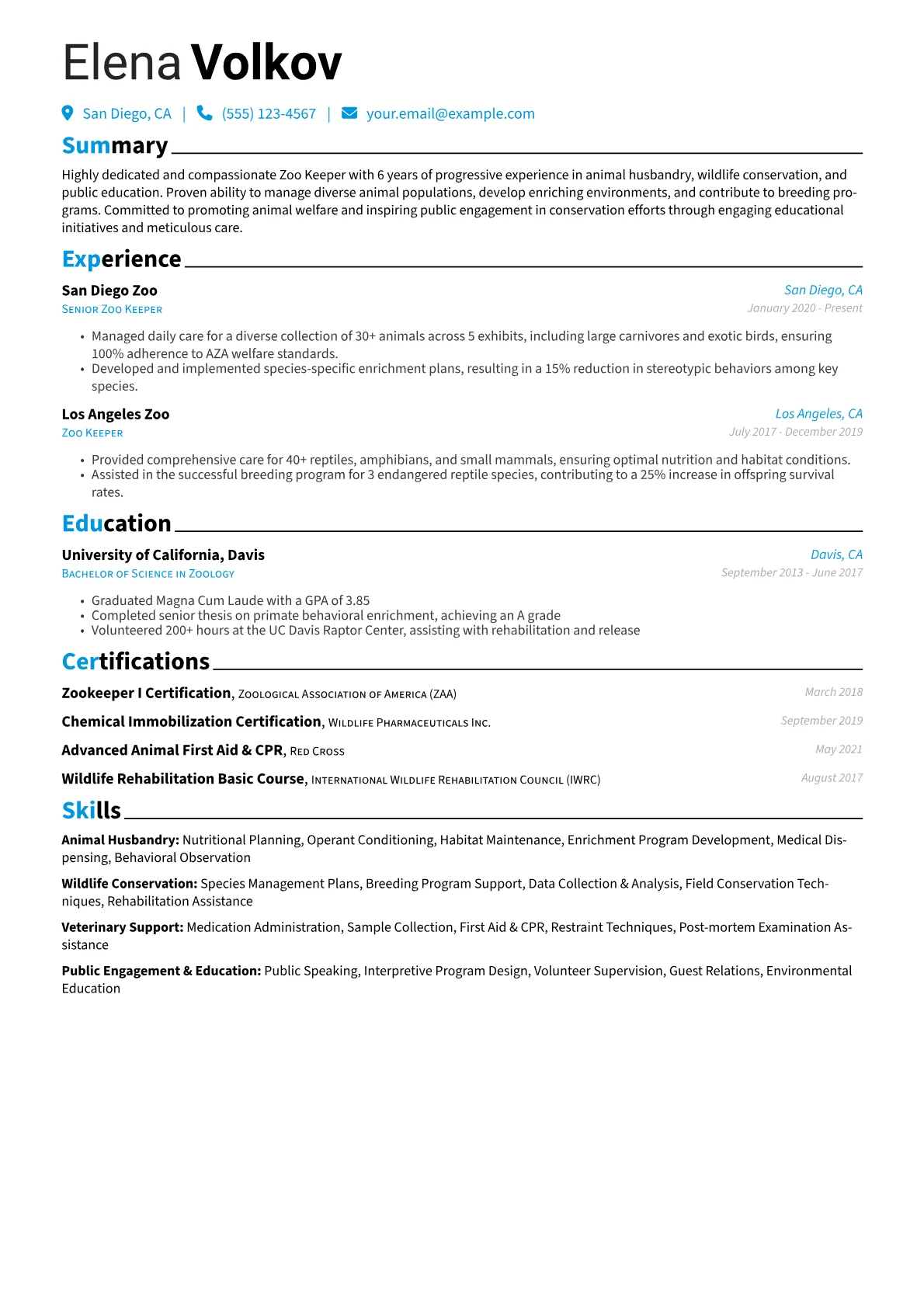 Zoo Keeper Resume Example CV template - Page 1