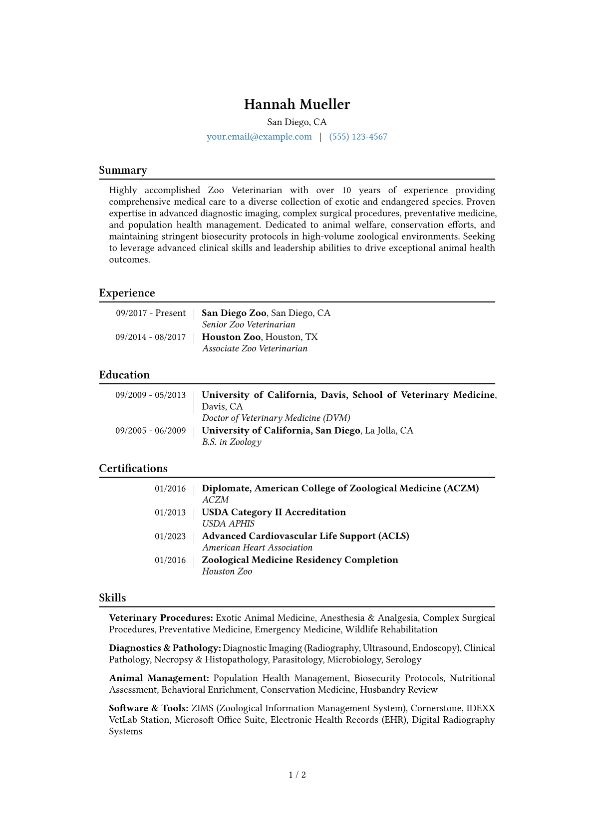 Zoo Veterinarian Resume Example CV template - Page 1