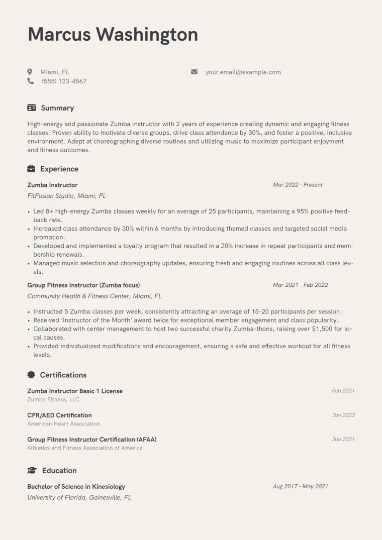 Zumba Instructor Resume Example CV template preview
